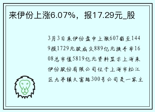 来伊份上涨6.07%，报17.29元_股