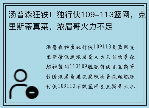 汤普森狂铁！独行侠109-113篮网，克里斯蒂真菜，浓眉哥火力不足