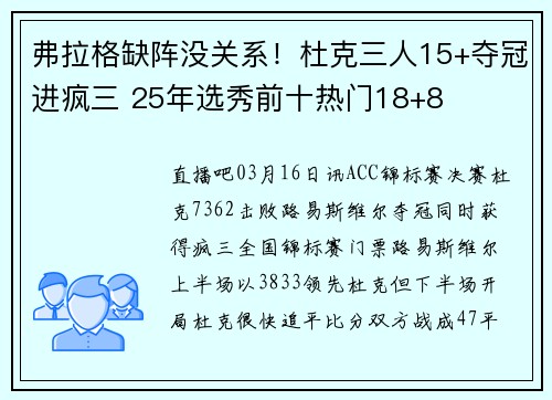 弗拉格缺阵没关系！杜克三人15+夺冠进疯三 25年选秀前十热门18+8