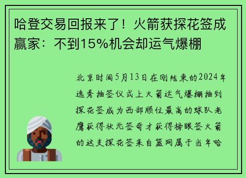 哈登交易回报来了！火箭获探花签成赢家：不到15%机会却运气爆棚